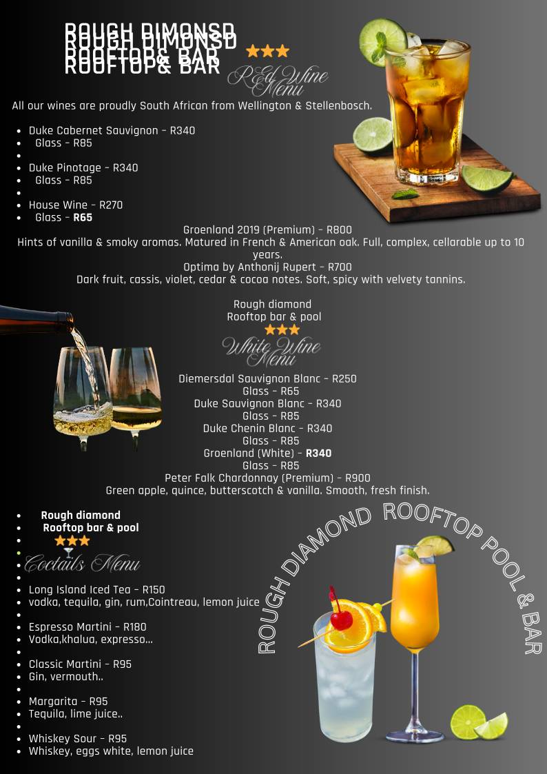 Menu at Rough Diamond Rooftop Bar & Pool, Cape Town