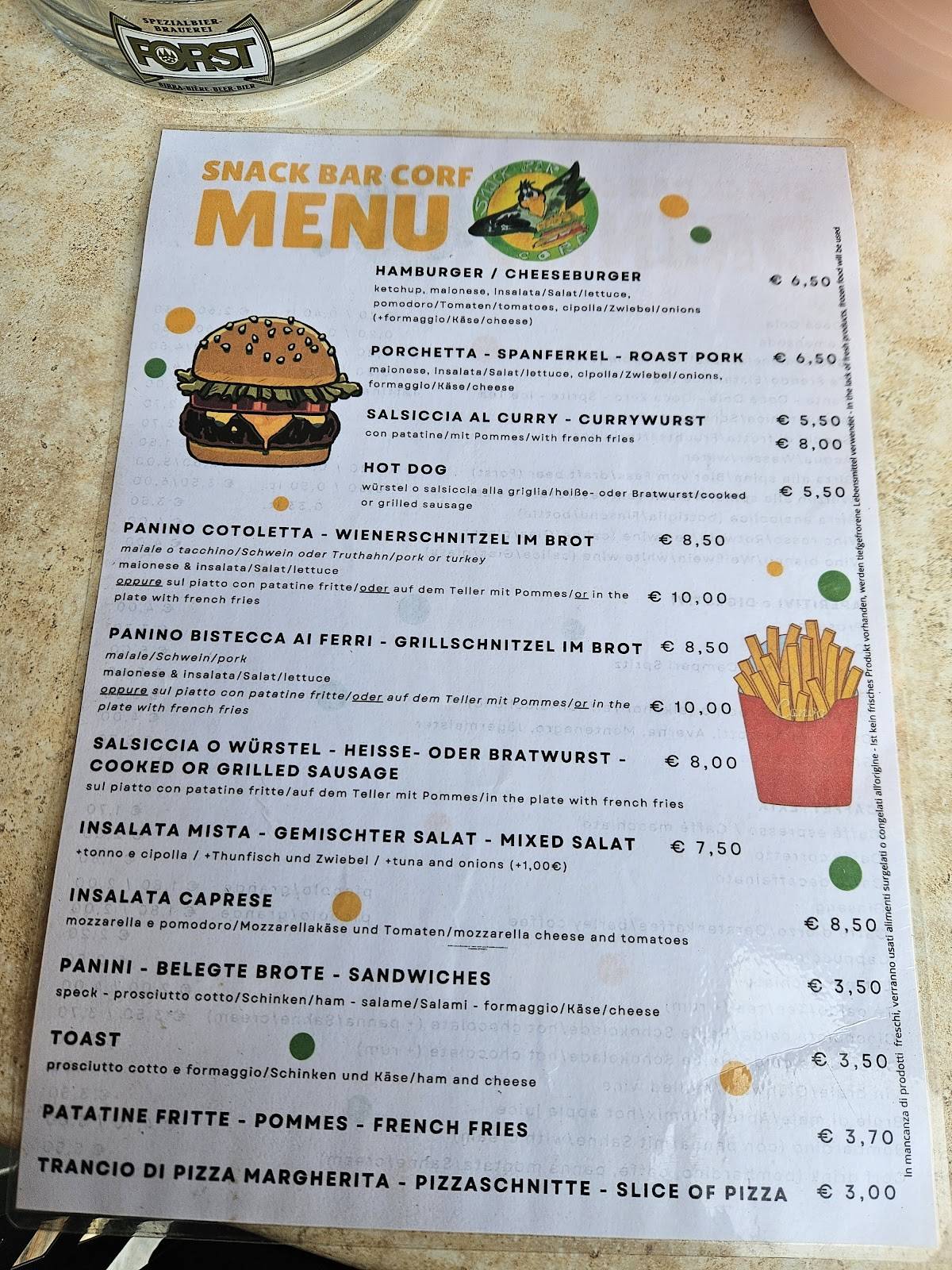 Menu di Snack Bar Corf 