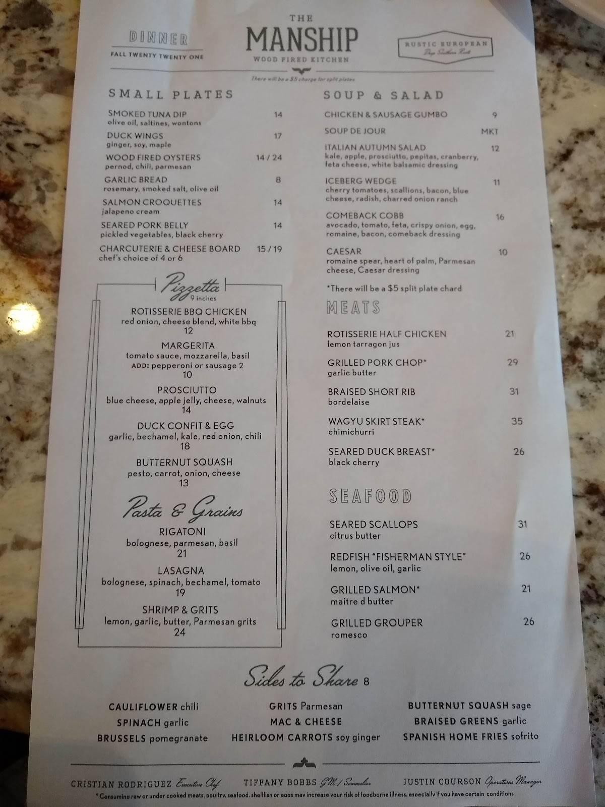 Menu at The Manship Wood Fired Kitchen pub & bar, Jackson