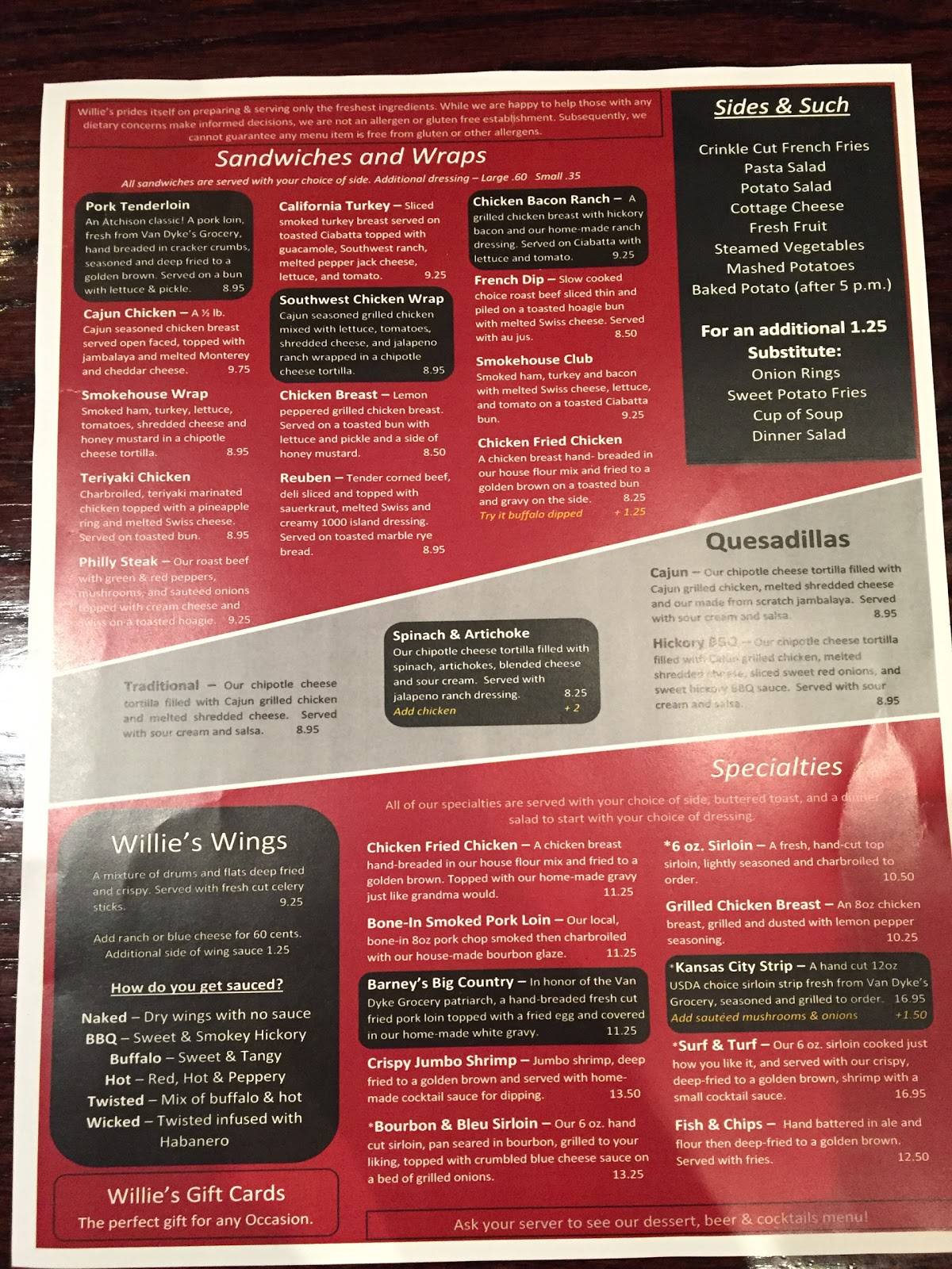 Menu at Willie's pub & bar, Atchison