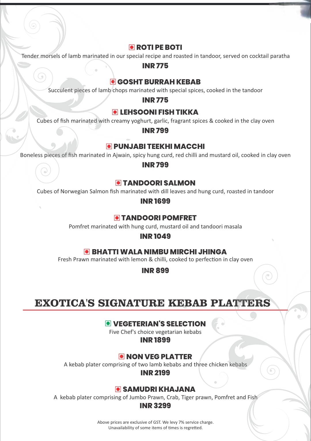 Exotica AKA Zafraan menu