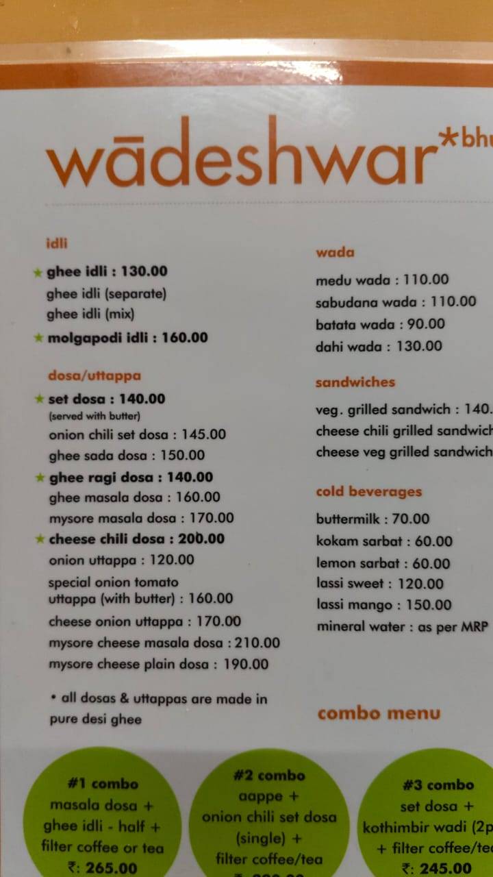 Wadeshwar Bhuvan menu
