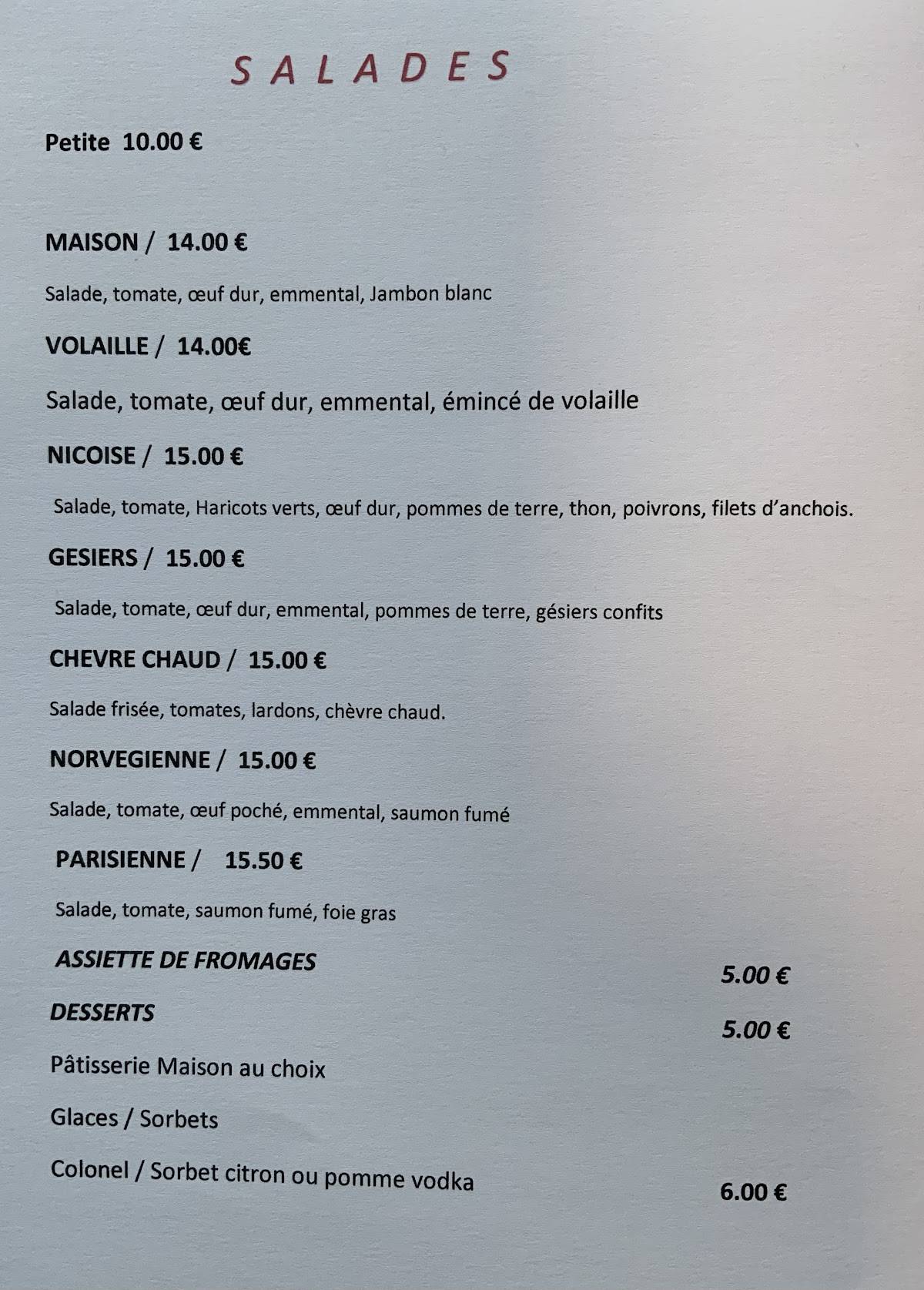 Menu de Chez Martin