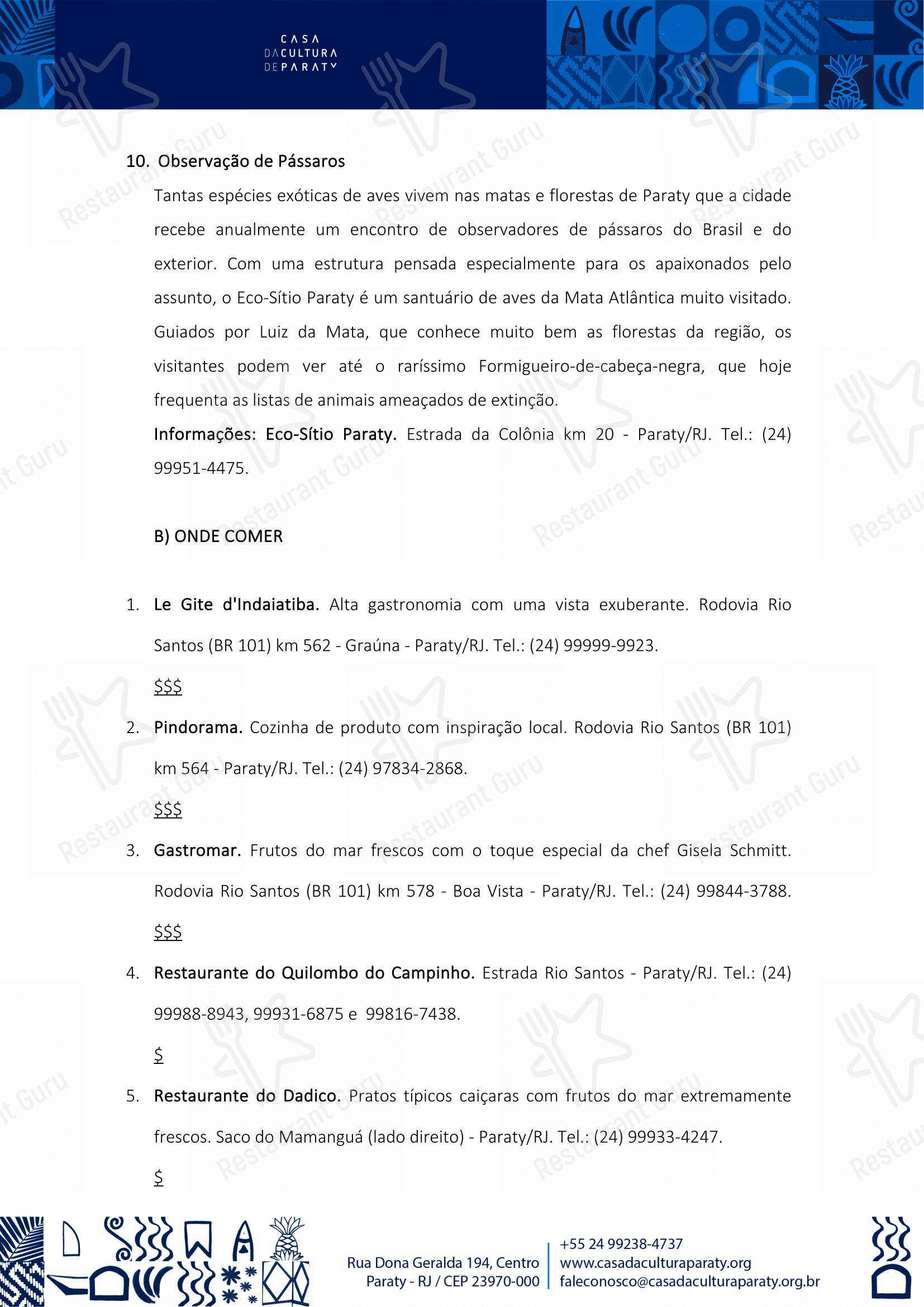 菜单 para Quintal das Letras em Paraty