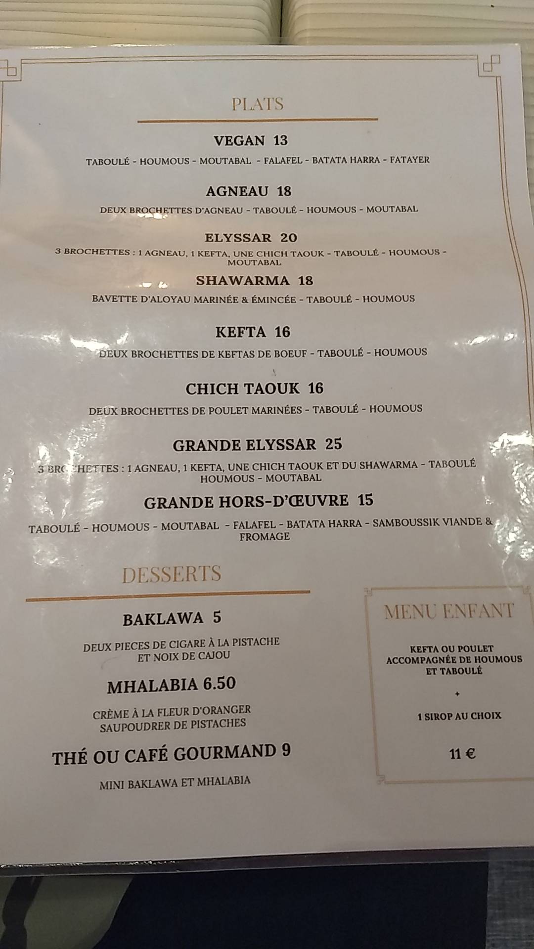 Menu de RESTAURANT LIBANAIS ELYSSAR