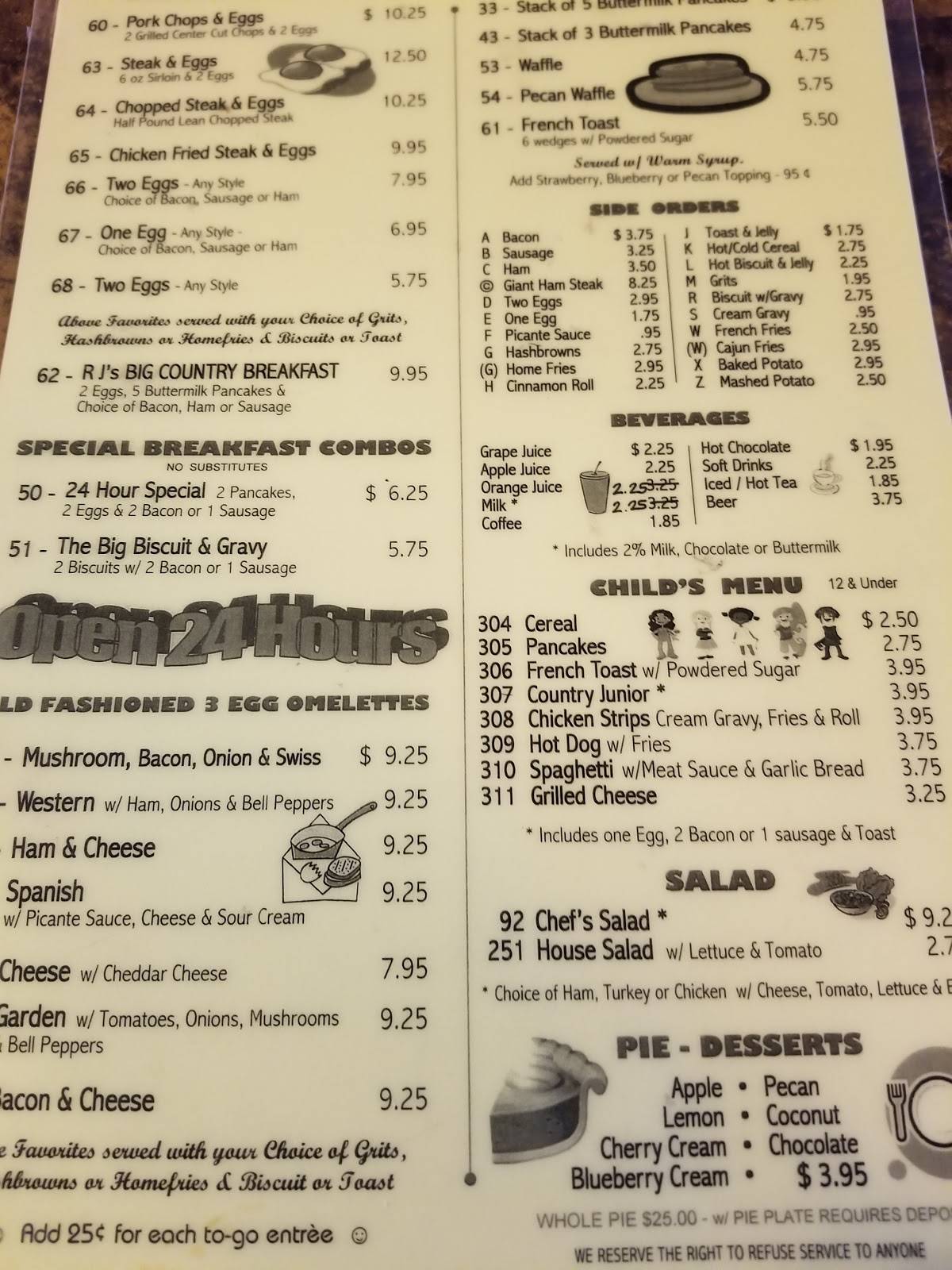 Menu at RJ's restaurant, Shreveport