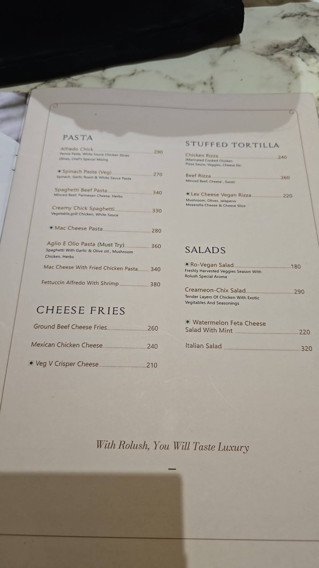 ROLUSH cafe pastries Kannur menu