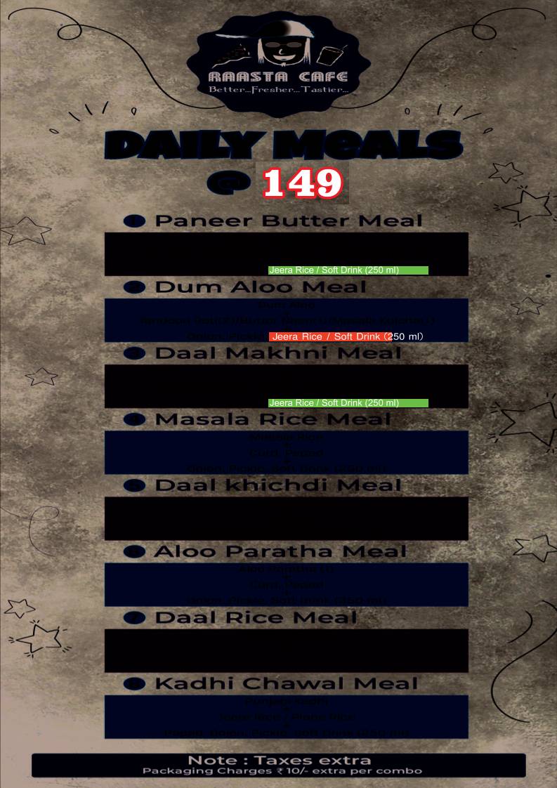 Raasta Cafe menu