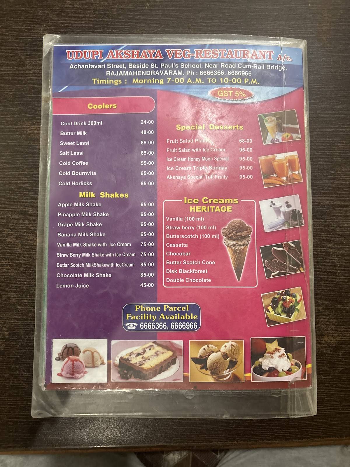 Udupi Akshaya Veg Restaurant menu