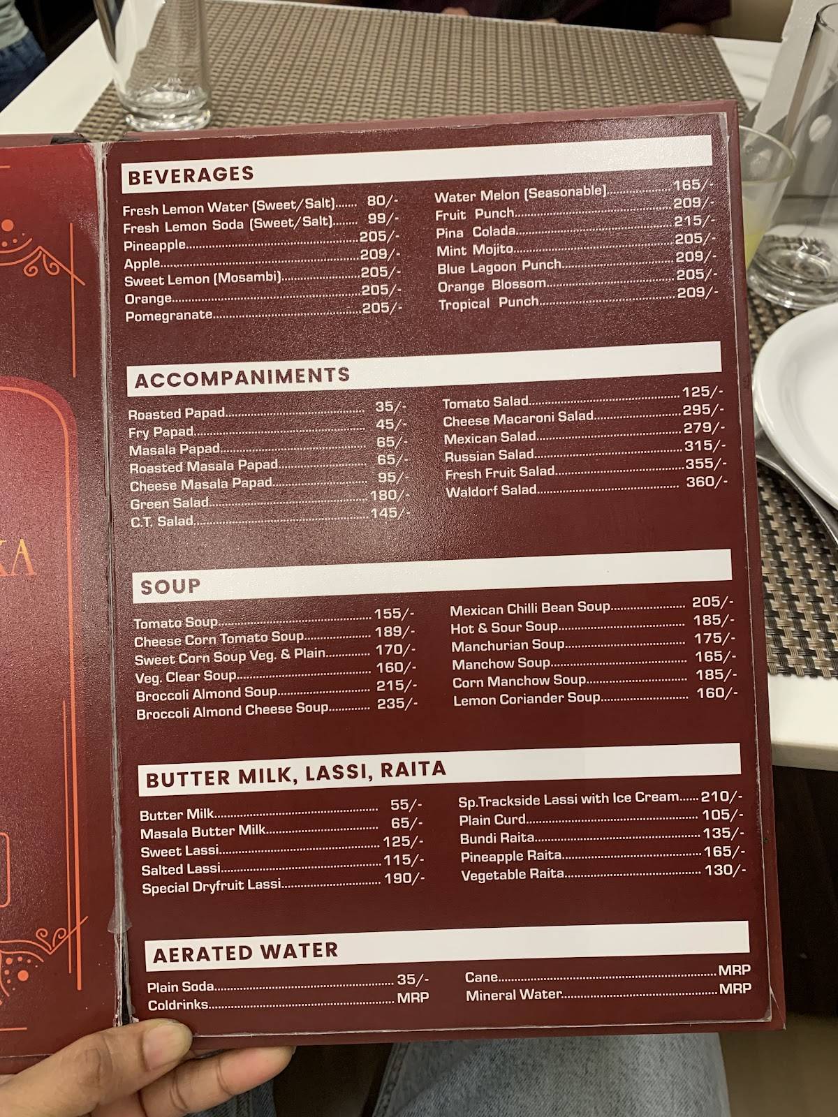 The TrackSide Tadka menu