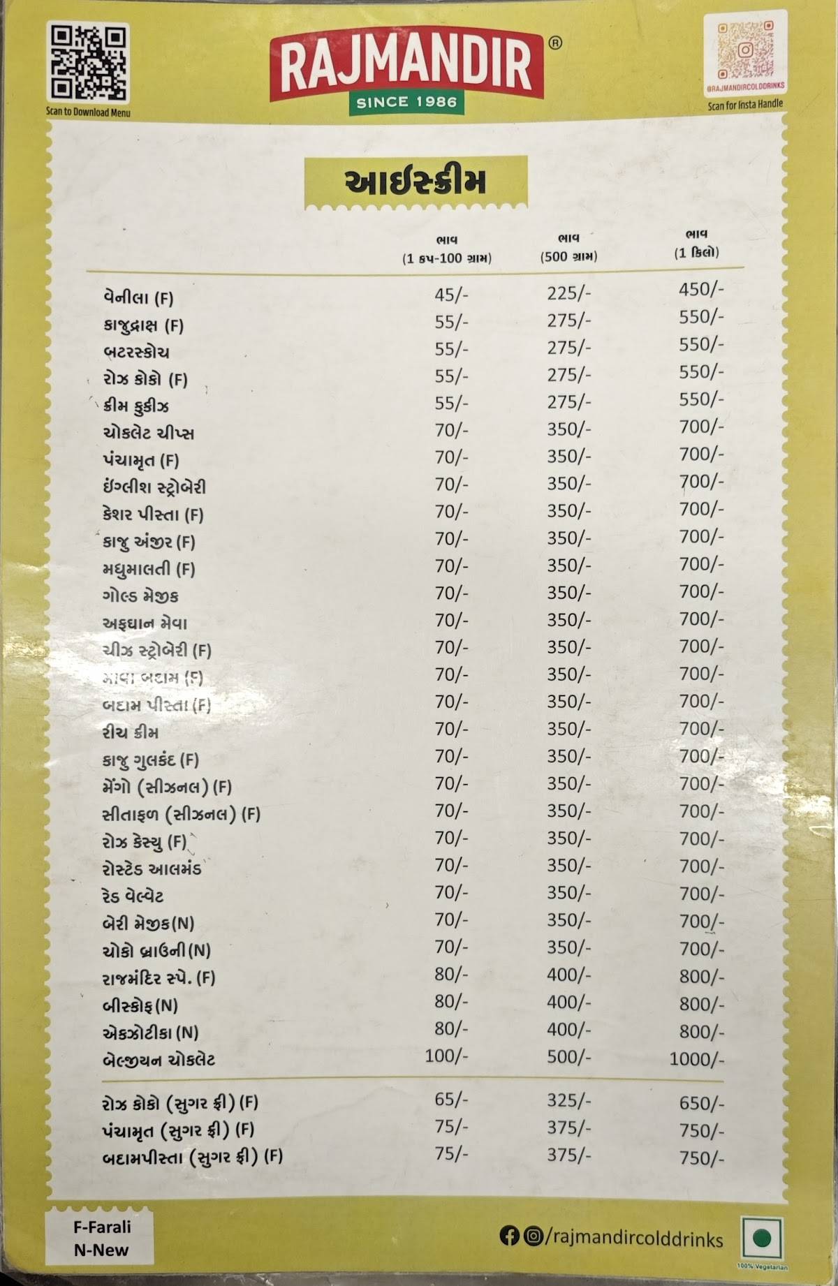 Rajmandir Cold drinks menu