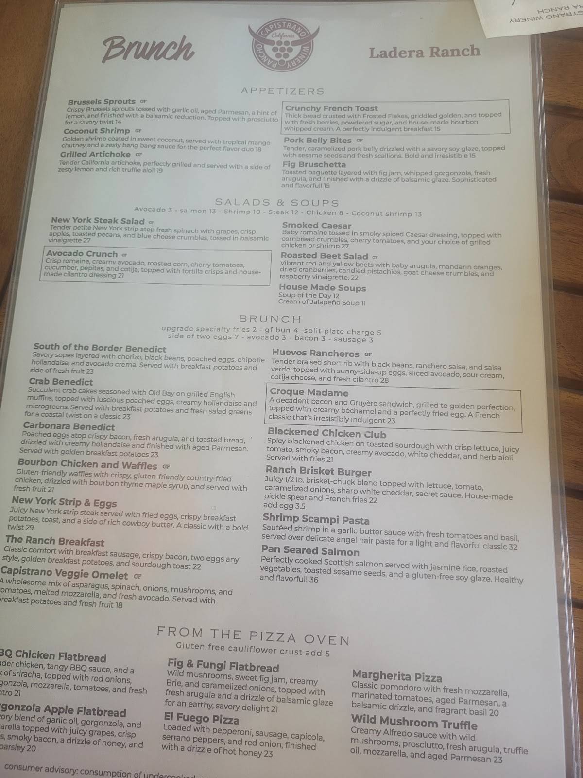 Menu at Rancho Capistrano Winery restaurant, Ladera Ranch