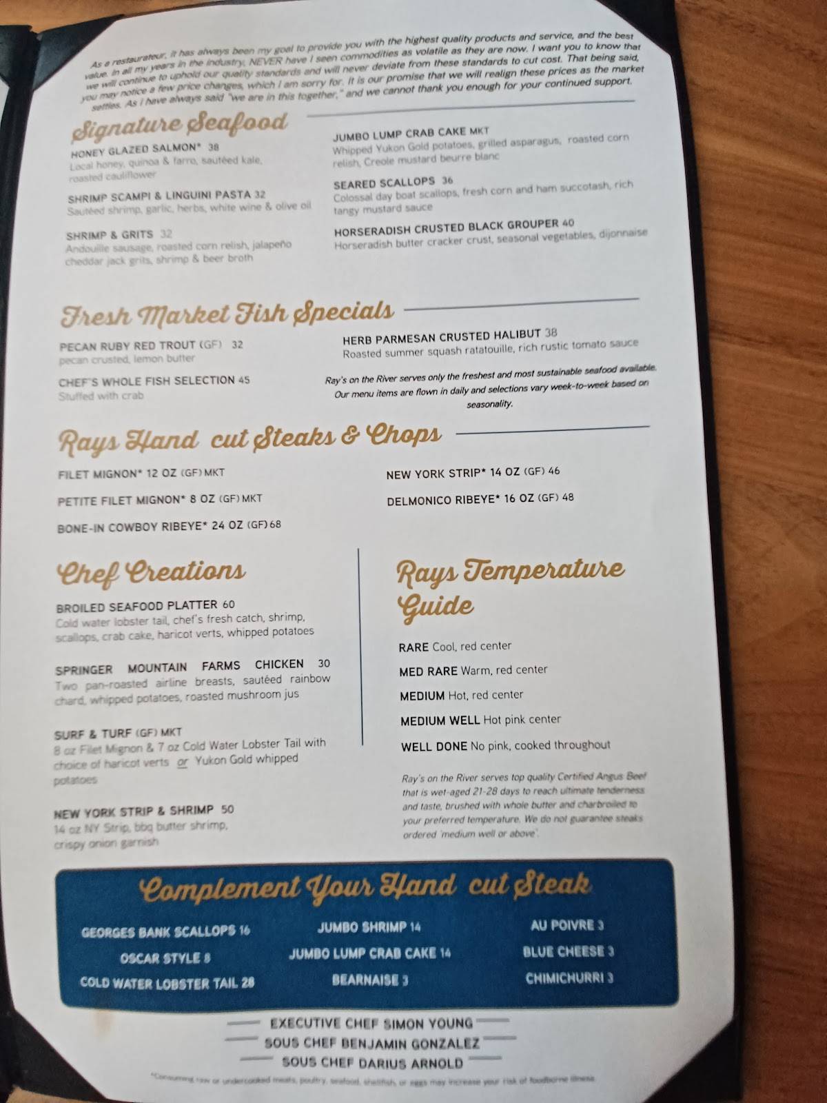 Menu at Ray's on the River steakhouse, Sandy Springs