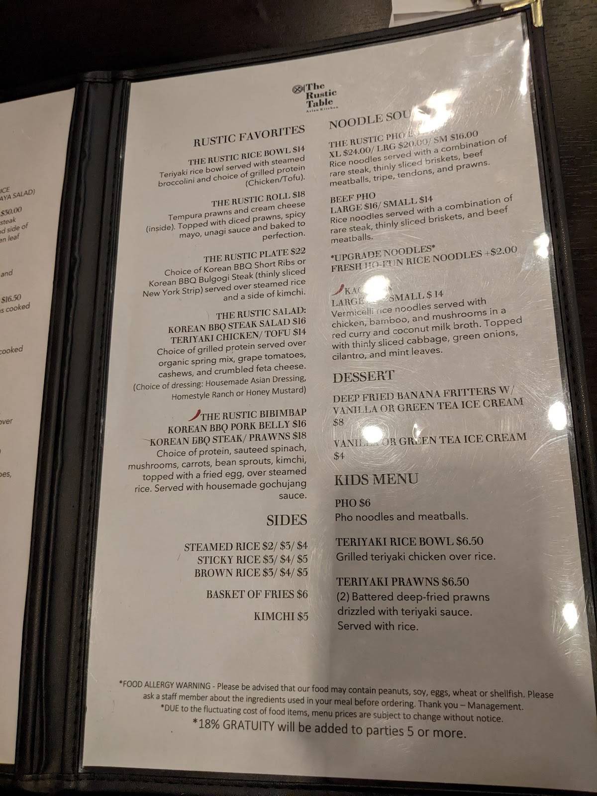 Menu at The Rustic Table Asian Kitchen restaurant, Redding