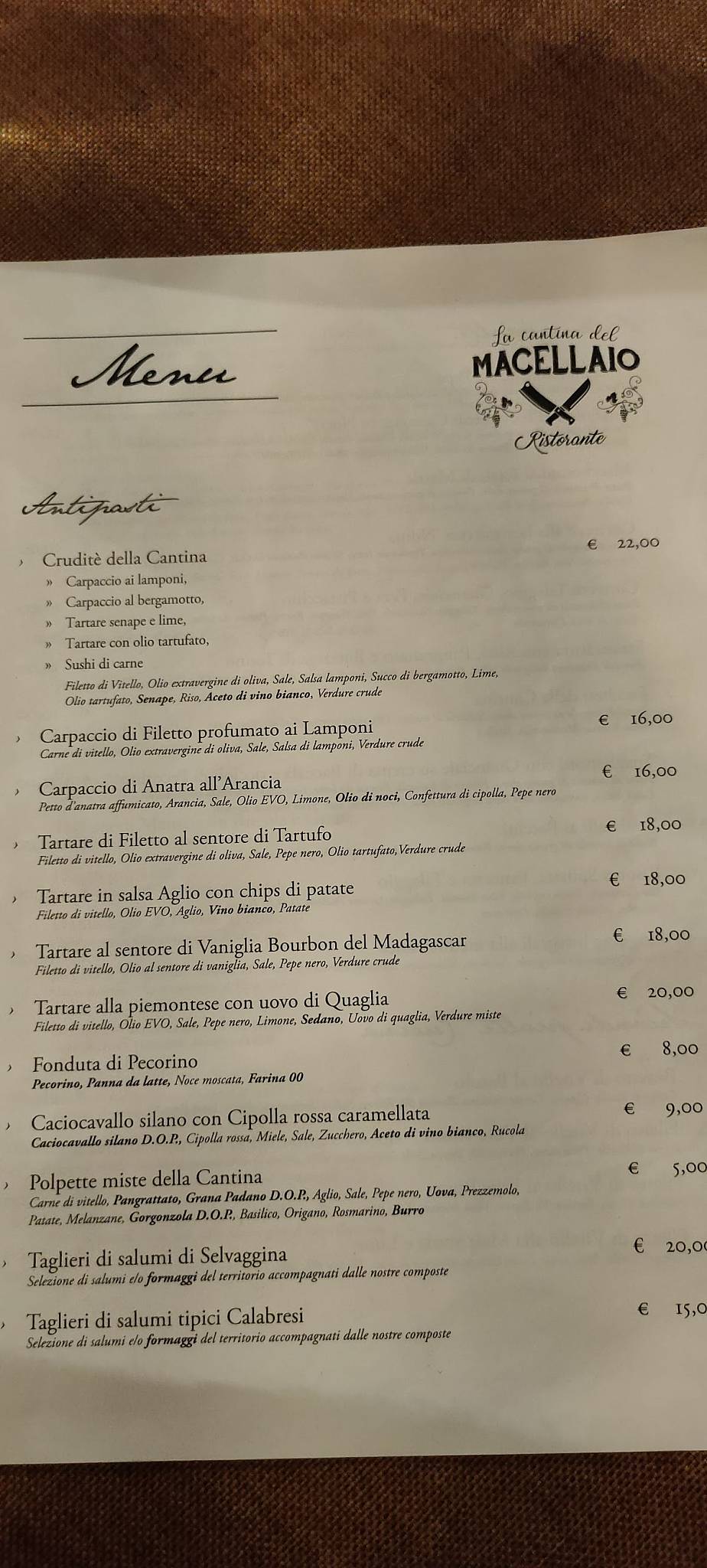 Menu da La Cantina del Macellaio steakhouse, Reggio Calabria, Via Girolamo  Arcovito