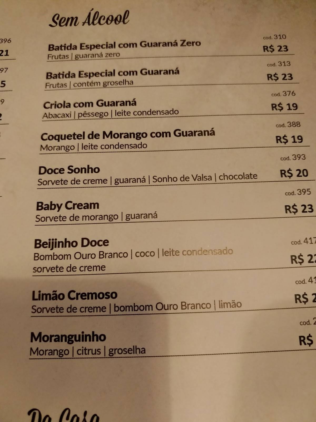 Água Doce Cachaçaria - São José dos Campos cardápio
