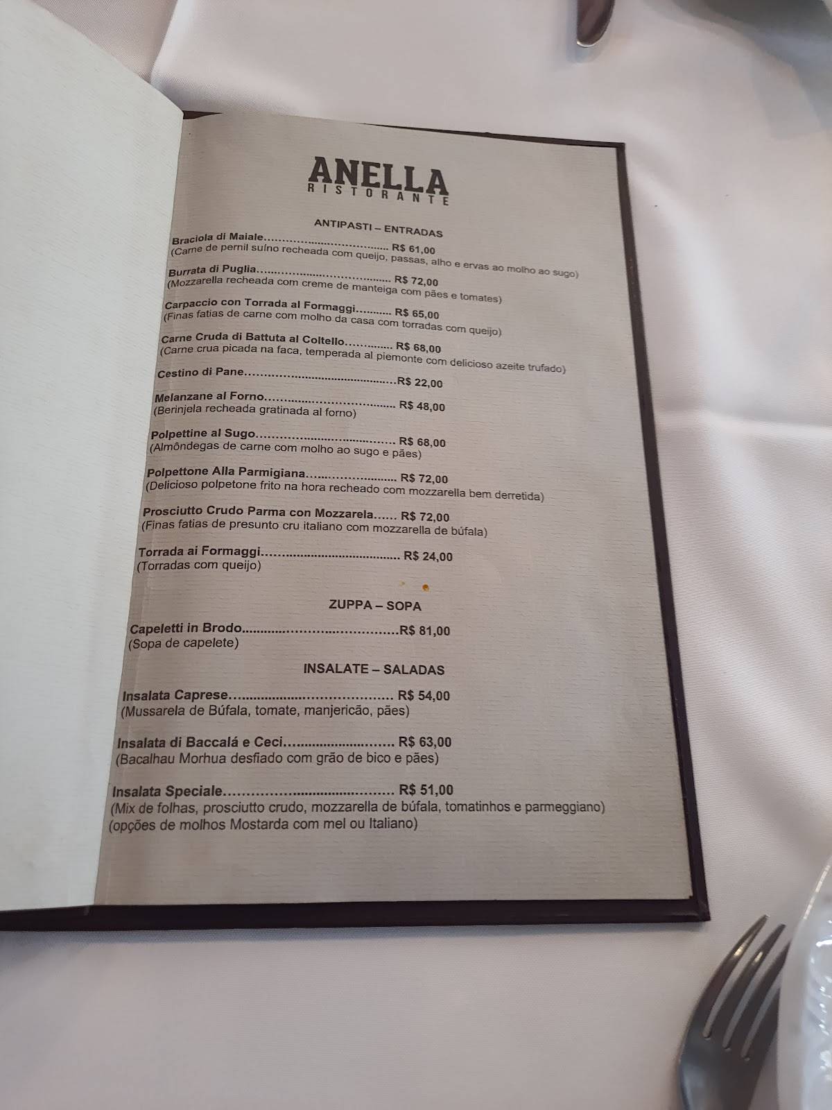 Anella Ristorante cardápio