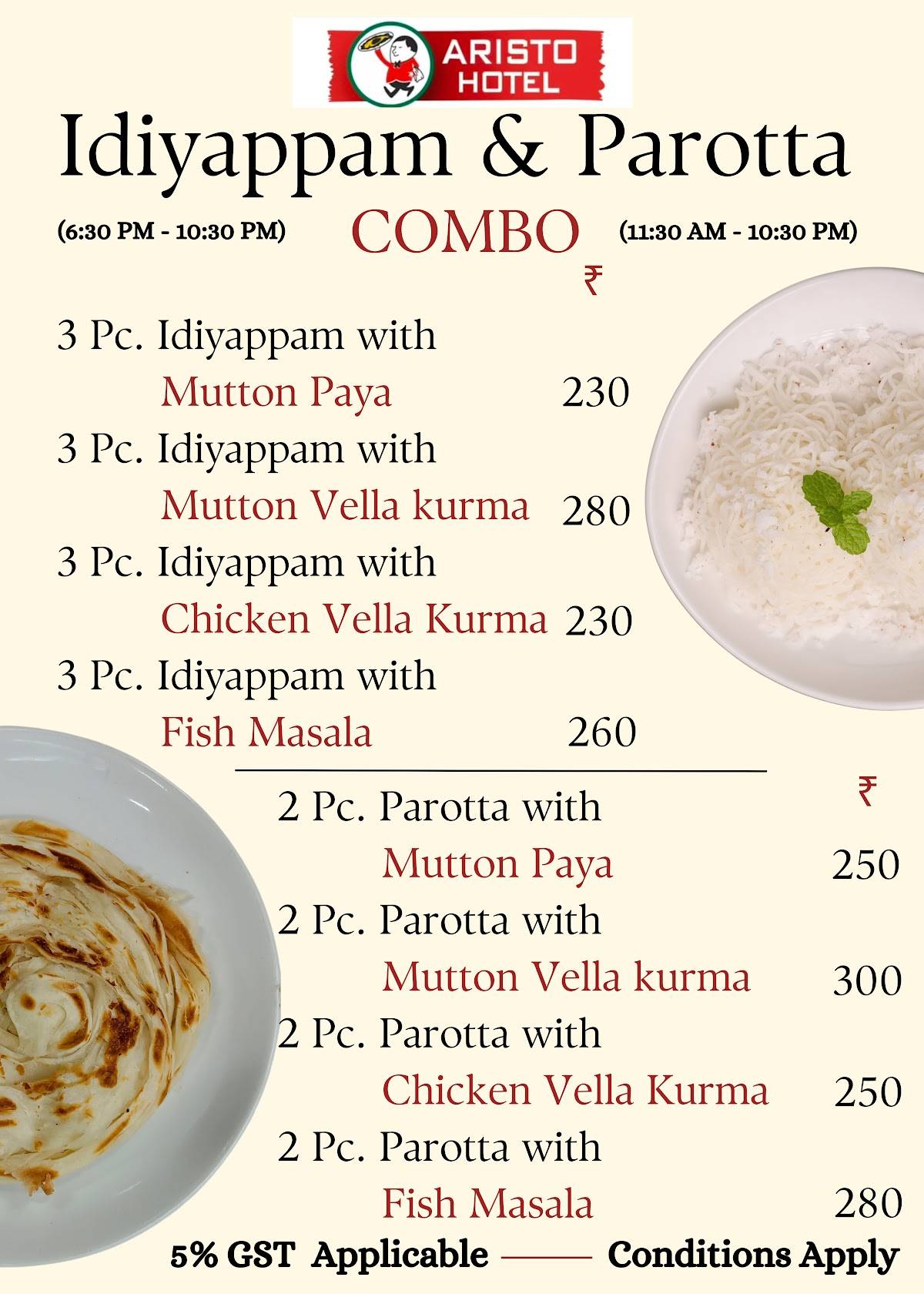 Aristo Hotel menu