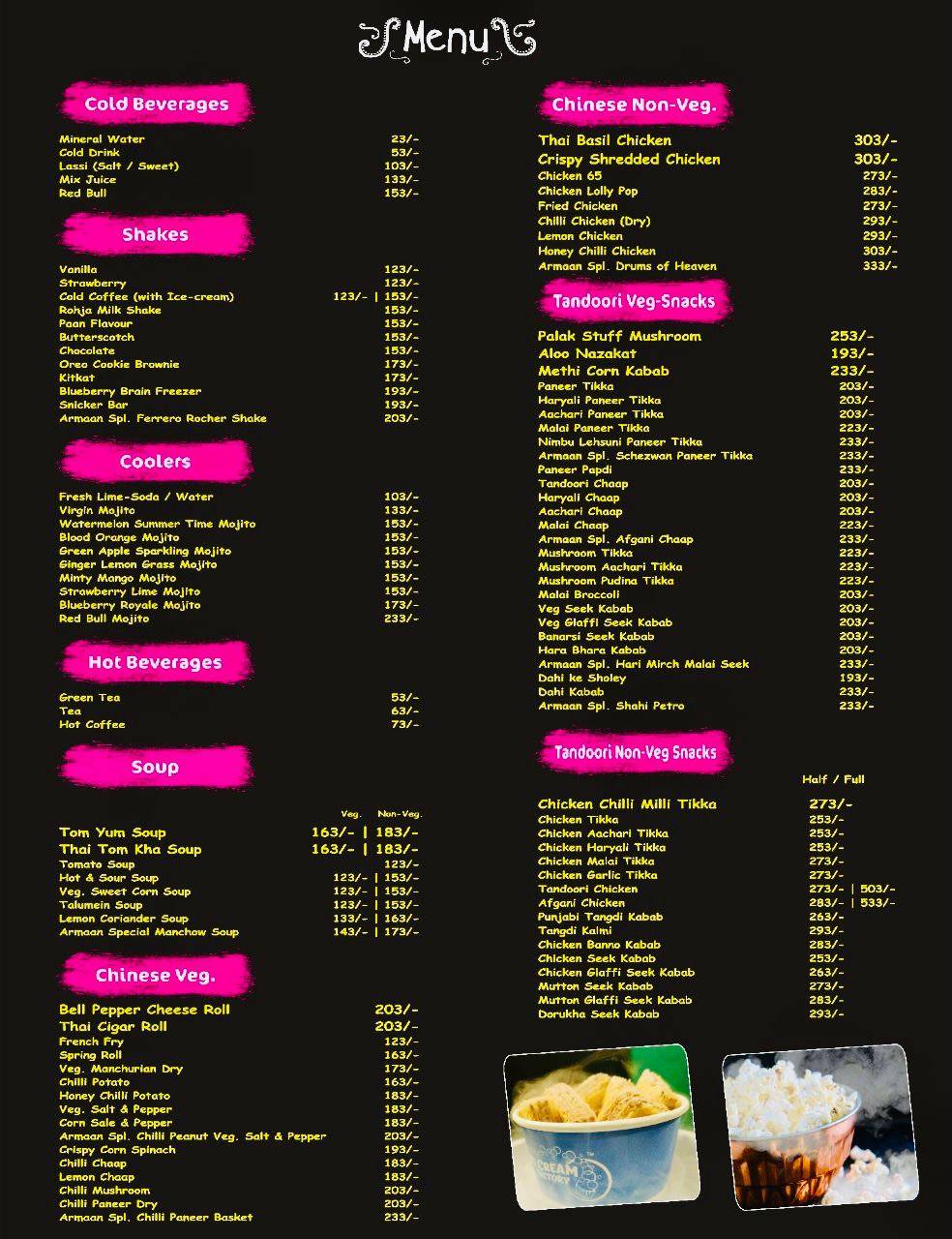 Armaan Restaurant and The Jungleee cafe menu