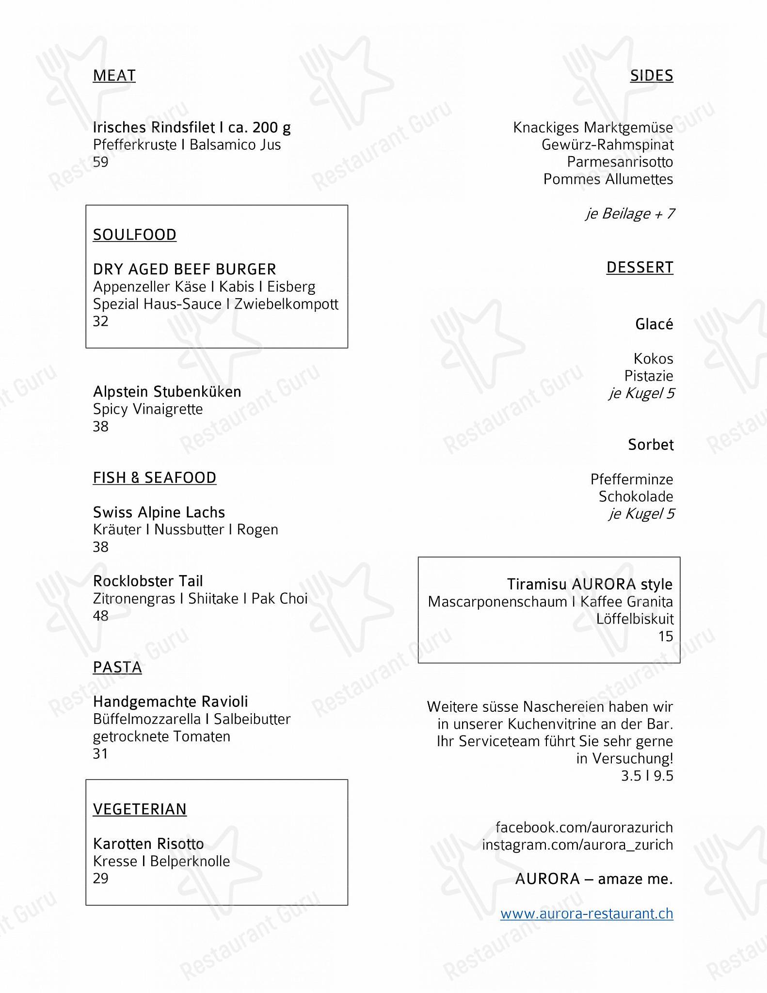 Bar menu per Aurora ristorante