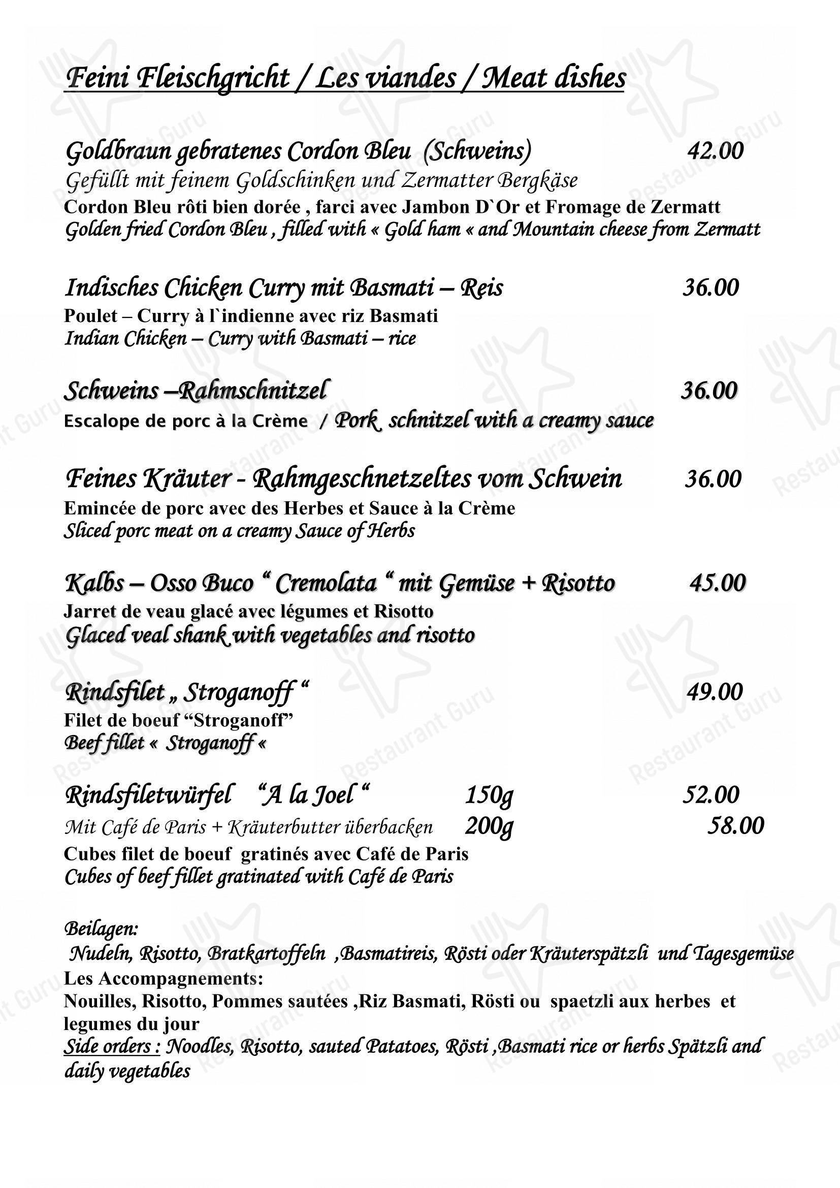 Menu per Restaurant Avena in Zermatt