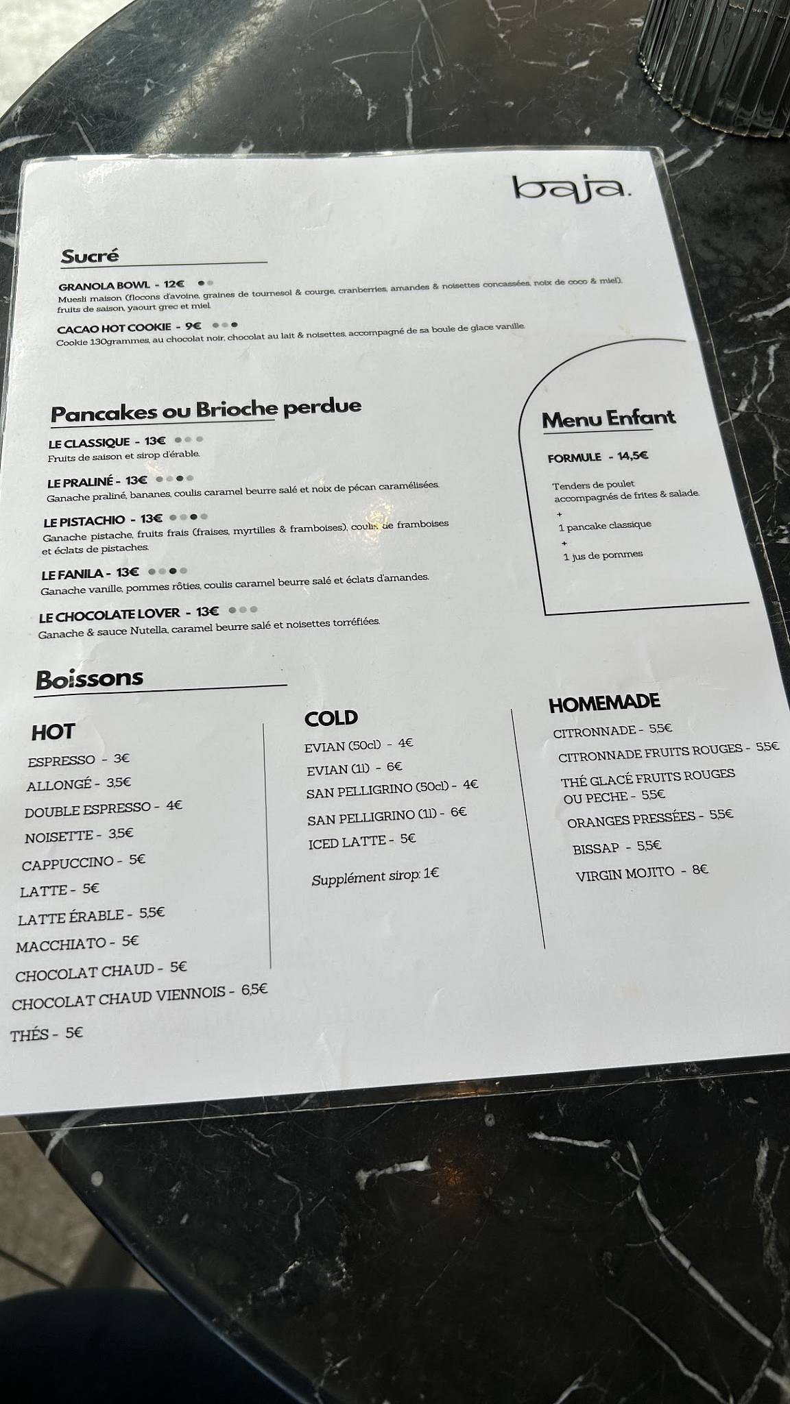 Menu de Baja brunch paris