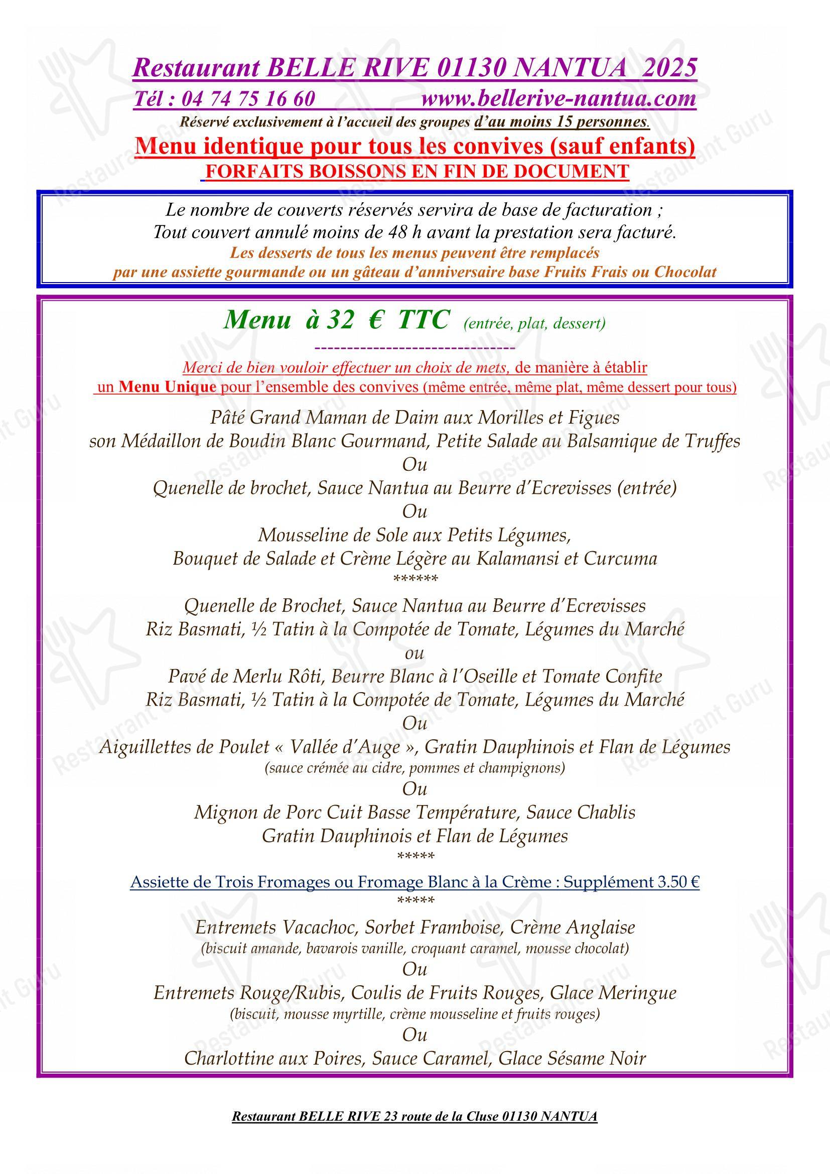 Menu pour Restaurant BELLE RIVE dans Nantua