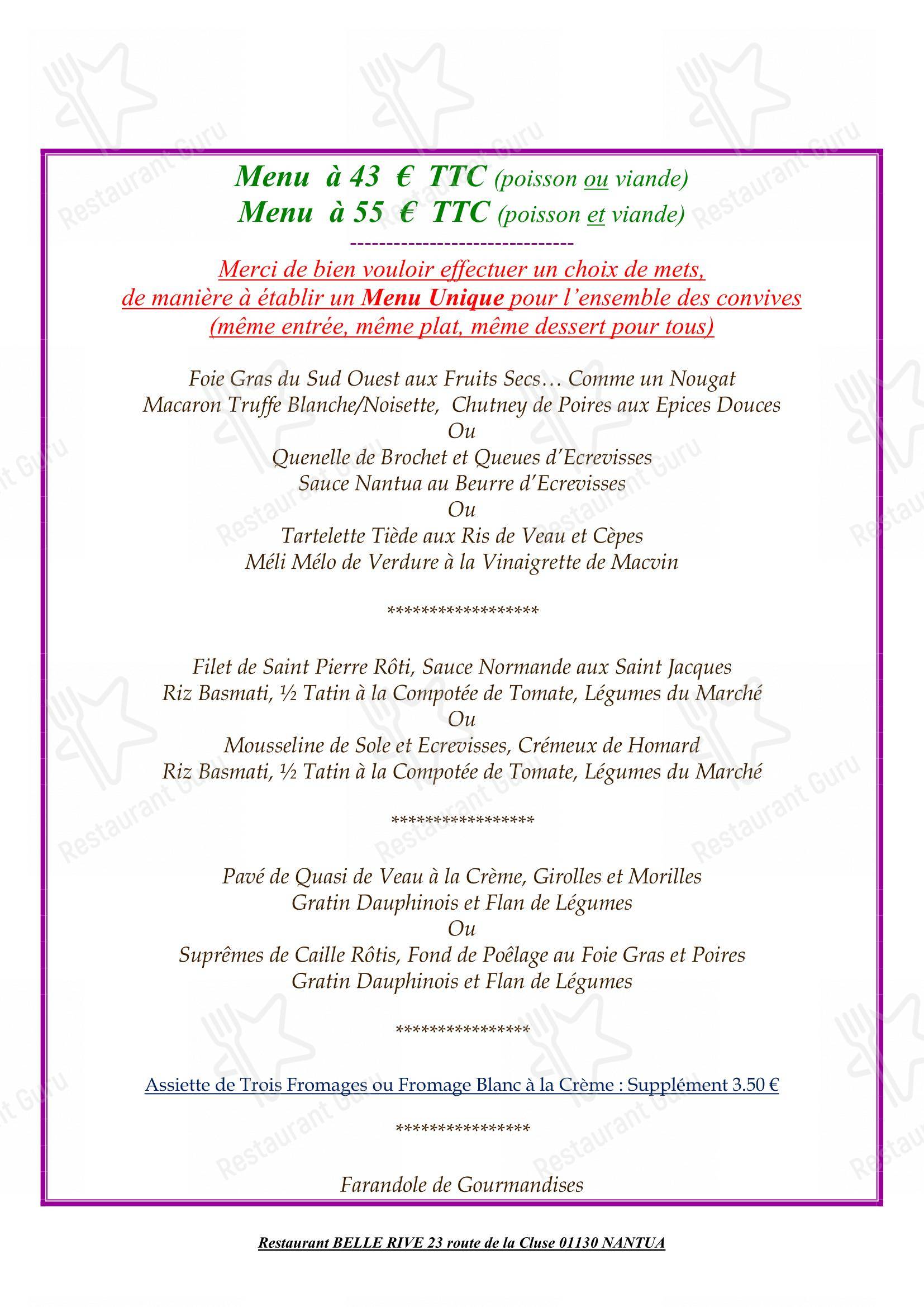 Menu pour Restaurant BELLE RIVE - Menu