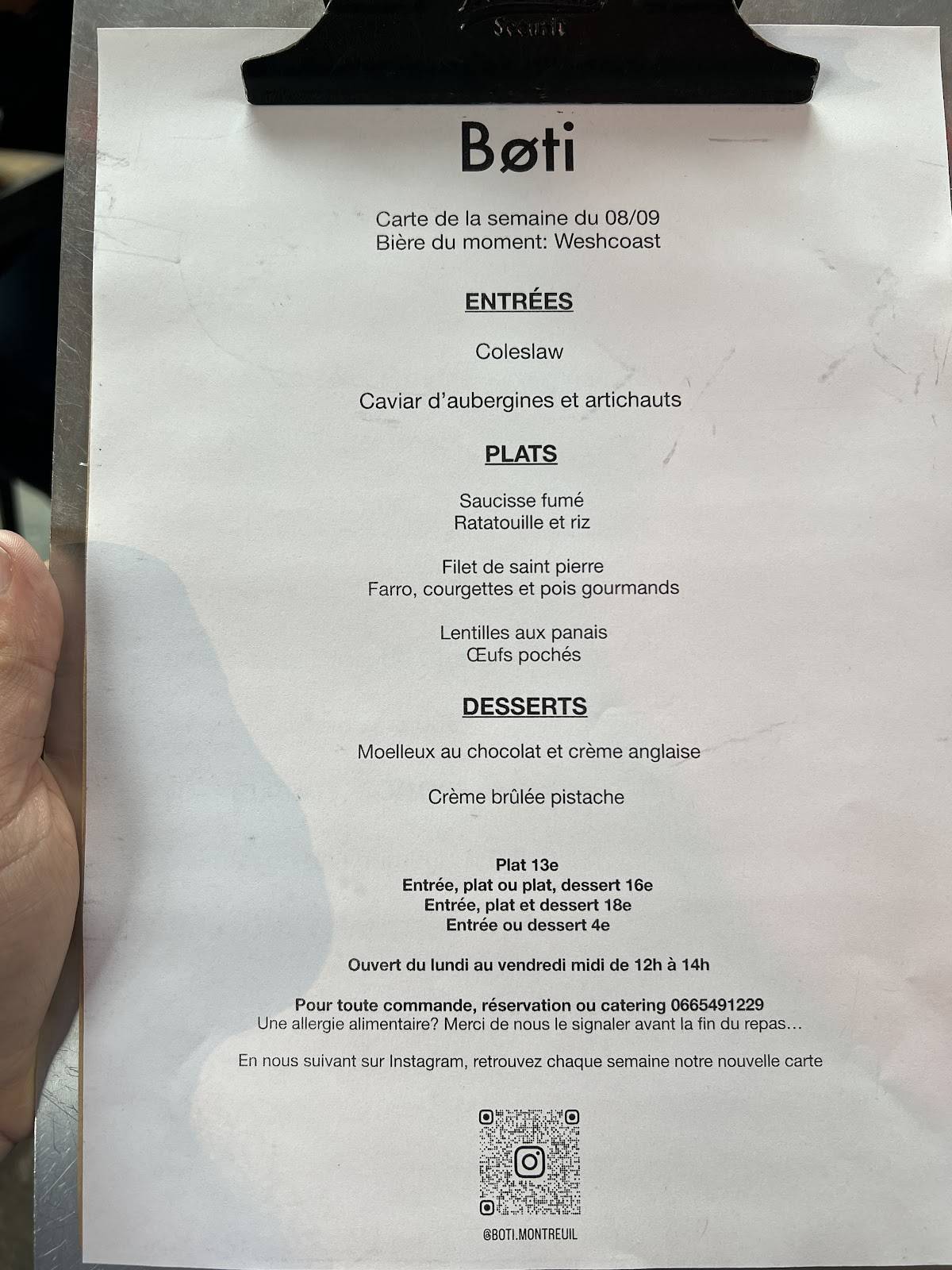 Menu de Restaurant Boti