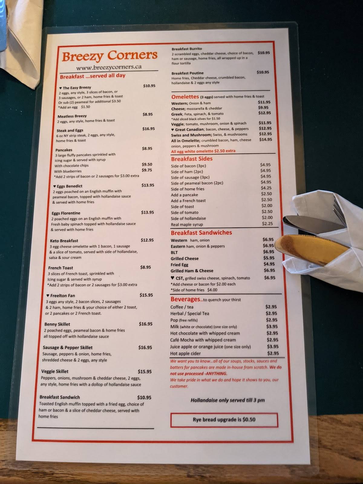 Menu at Breezy Corners Freelton restaurant, Hamilton, Hwy 6