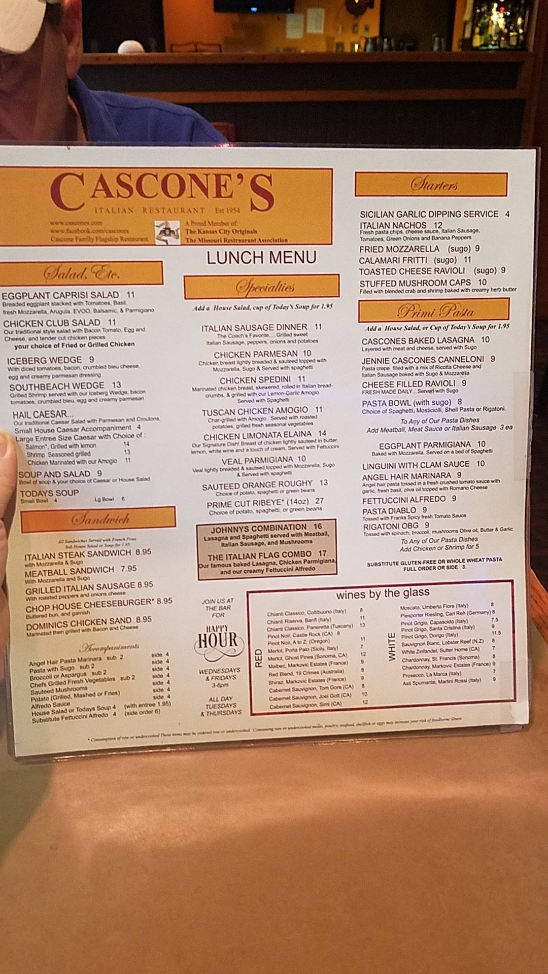 Menu at Cascone's restaurant, Kansas City, N Oak Trafficway