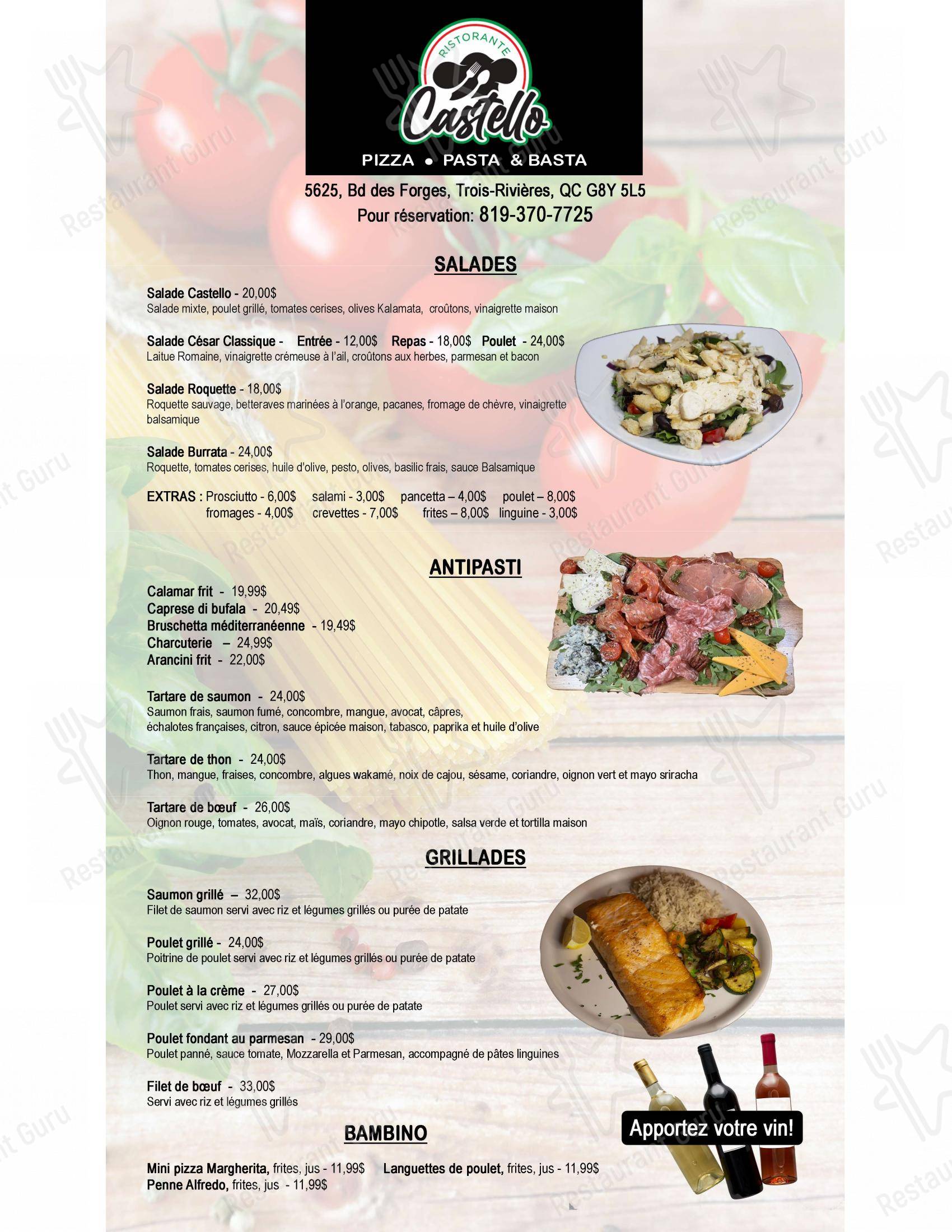 Menu pour Restaurant Castello - Menu