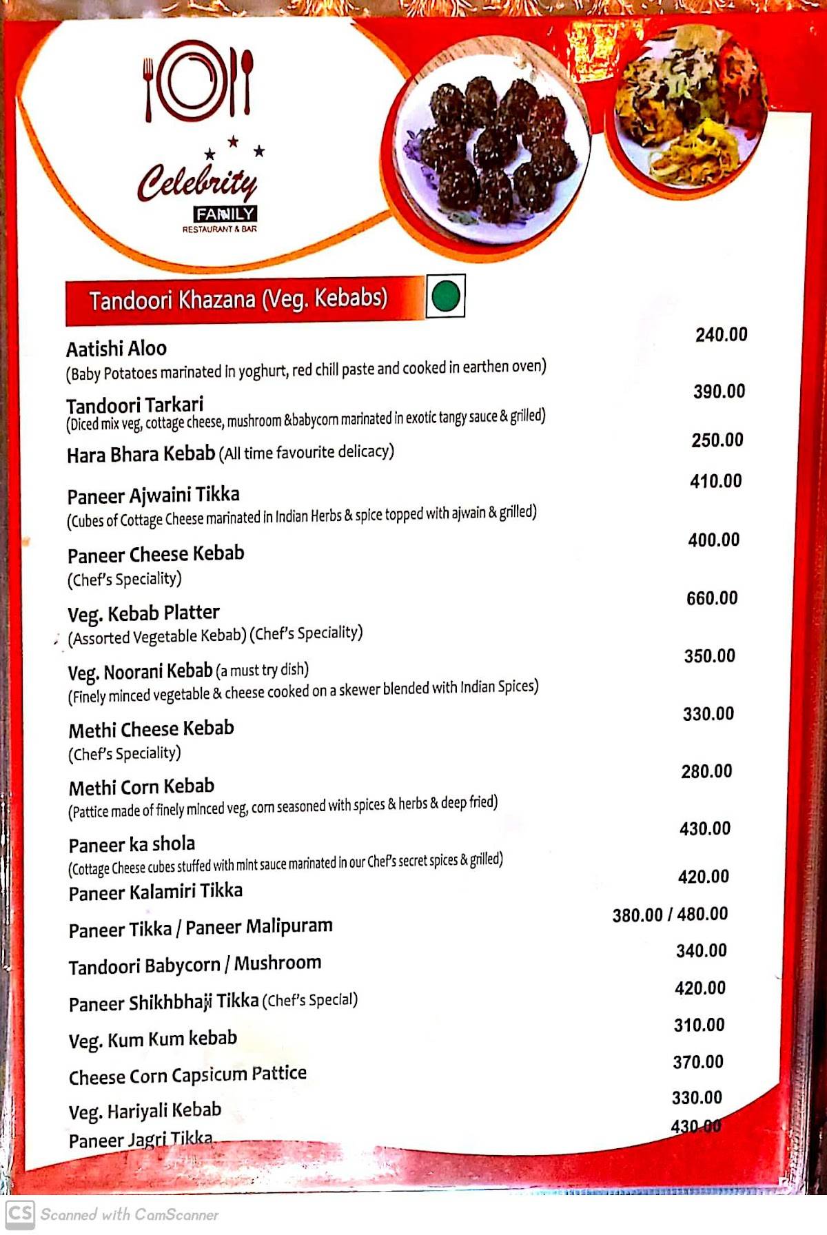 Hotel Celebrity menu