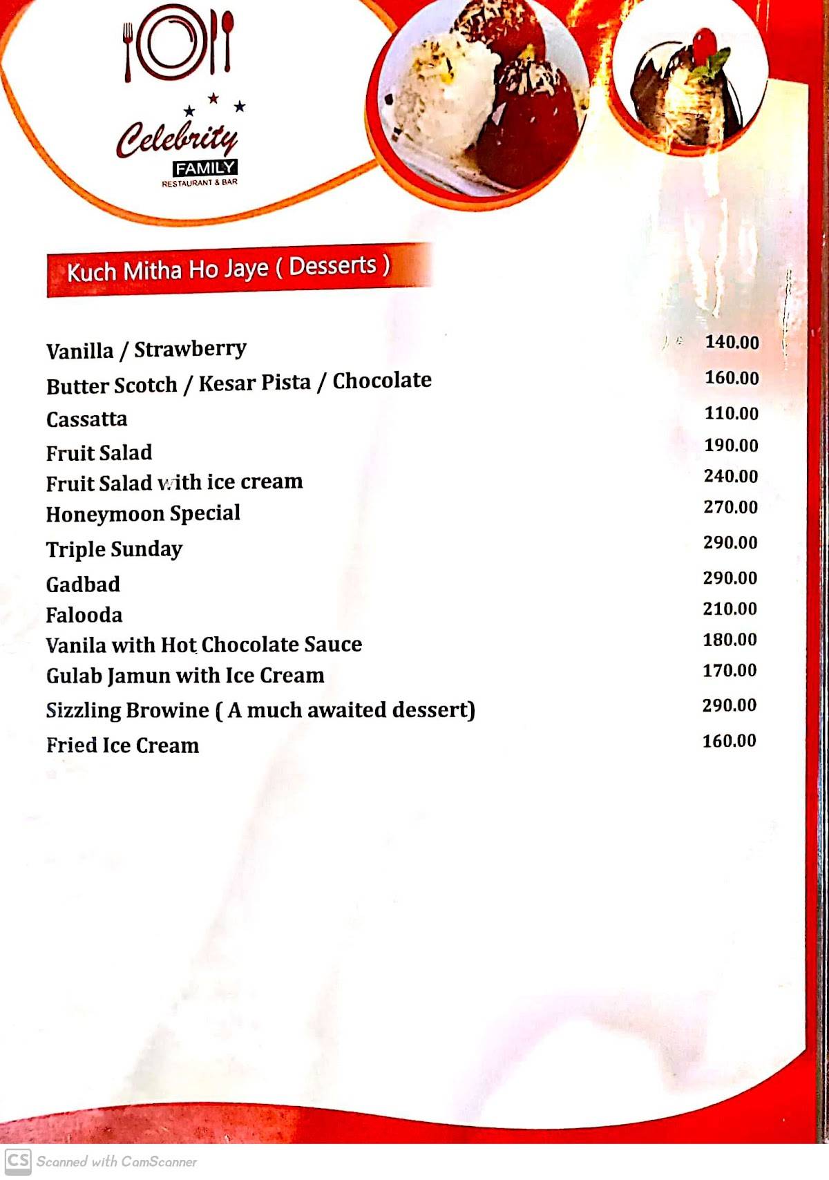 Hotel Celebrity menu