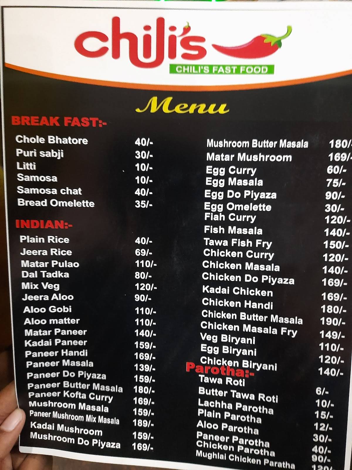 Chilis Fast Food & Resturant menu