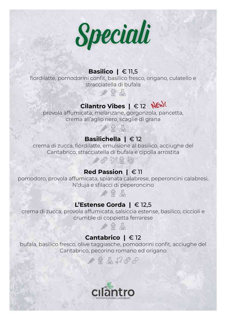 Menu di Cilantro - Ristorante Pizzeria Carne alla brace 