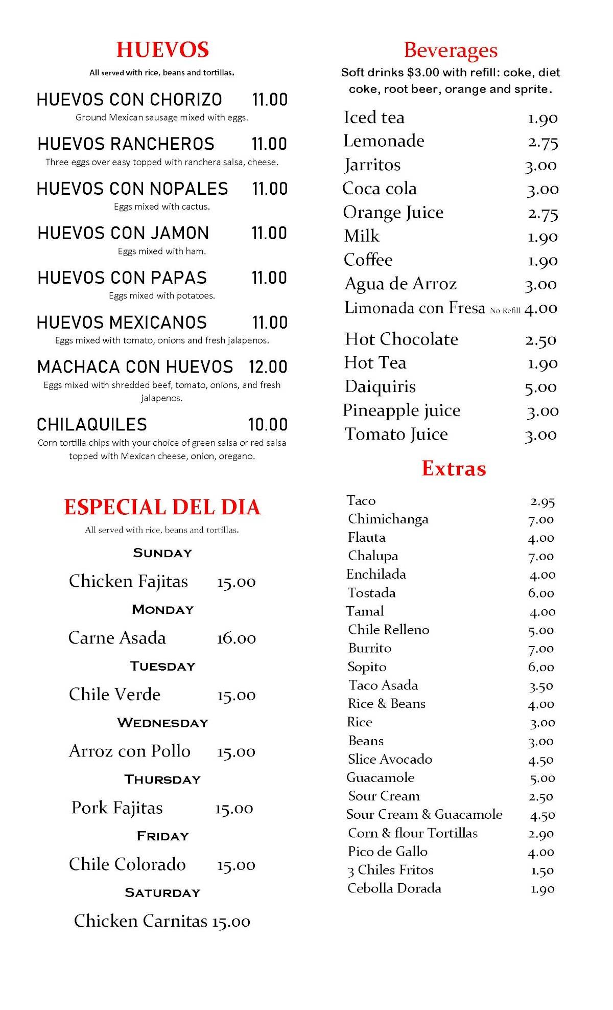 Menu at Conquistador LLC Mexican Restaurant & Catering, Sunnyside