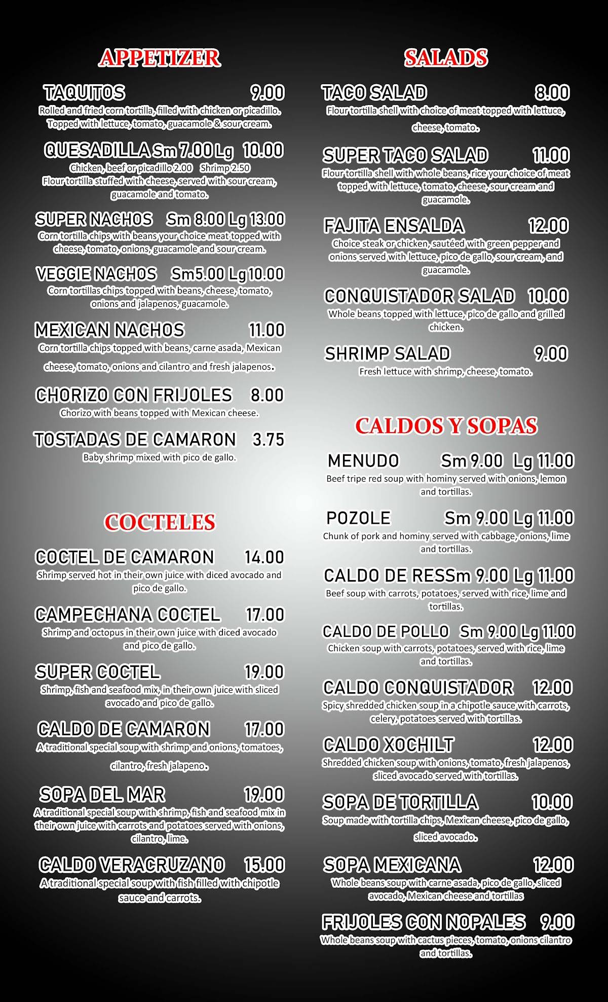 Menu at Conquistador LLC Mexican Restaurant & Catering, Sunnyside
