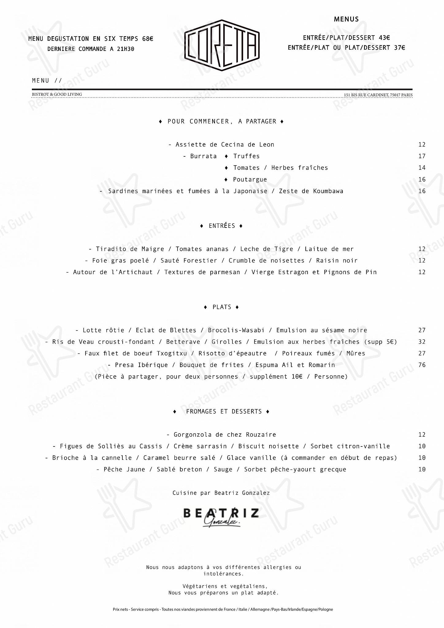 Set menu pour Coretta restaurant