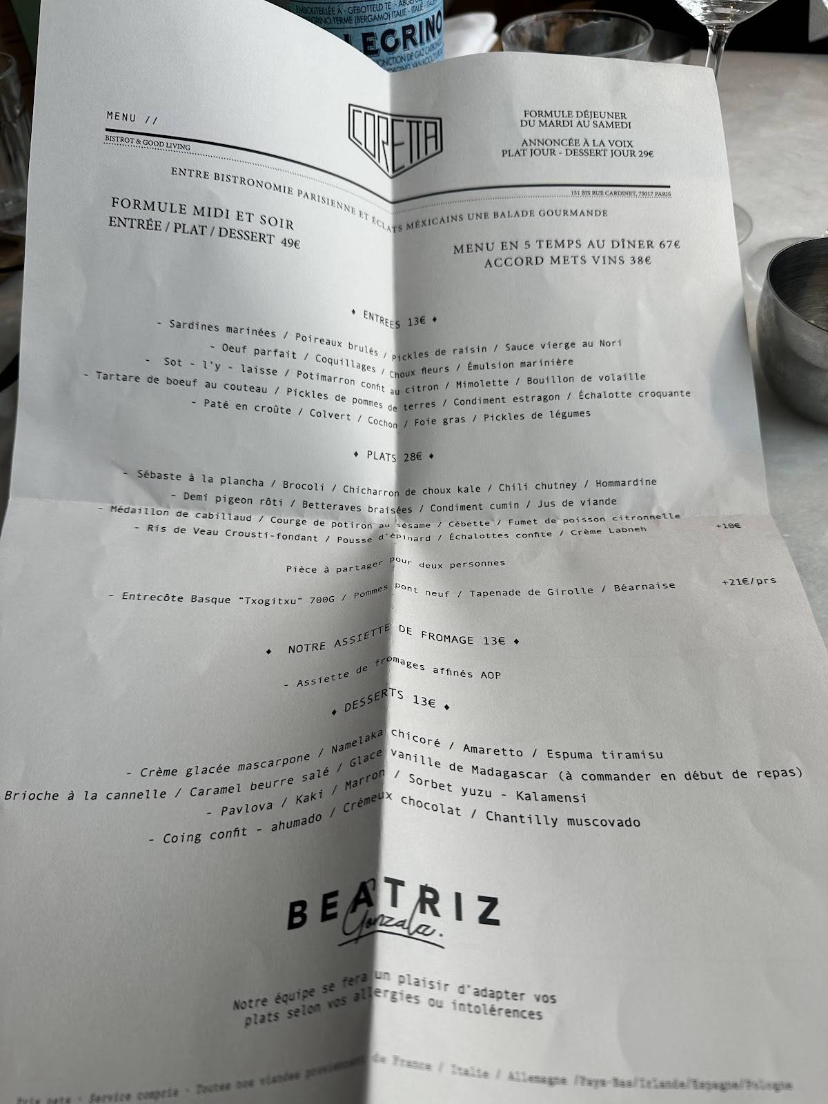 Menu de Coretta