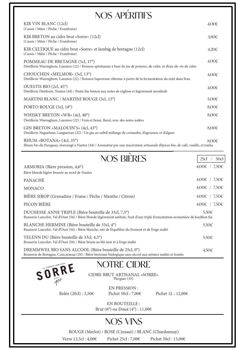 Menu de Crêperie du Thabor
