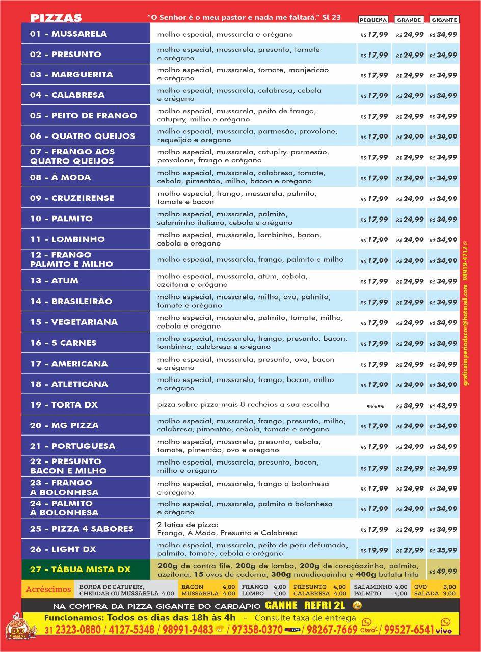 DX Pizzaria cardápio