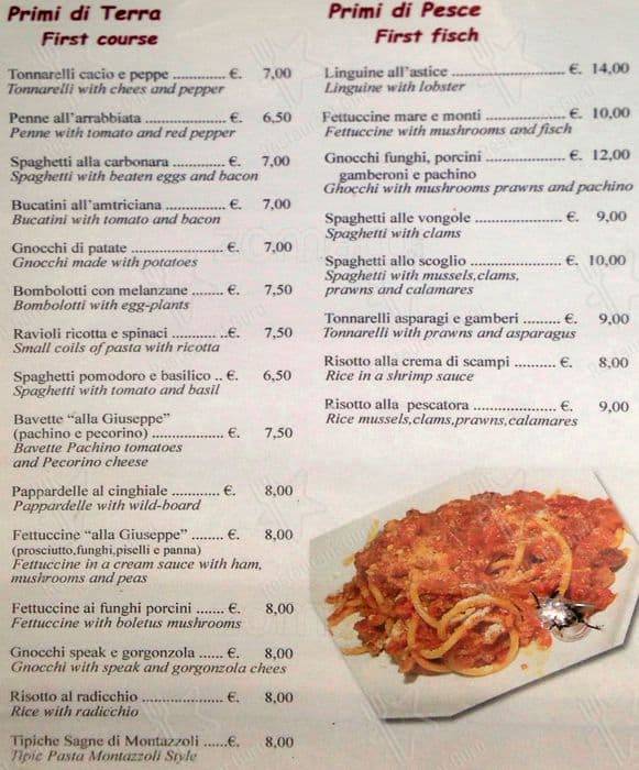 Menu di Trattoria Pizzeria Da Giuseppe 