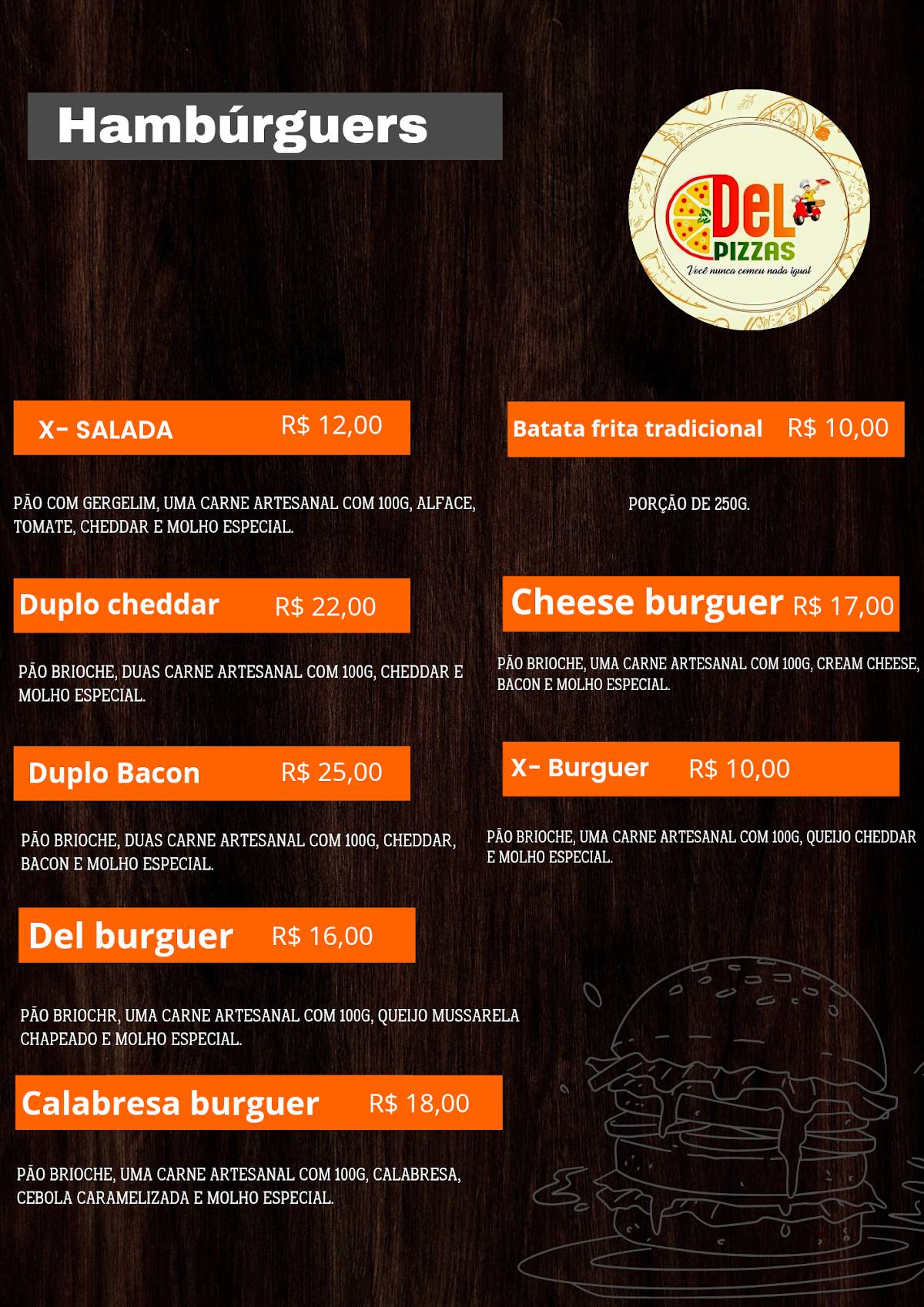 Del pizzas cardápio