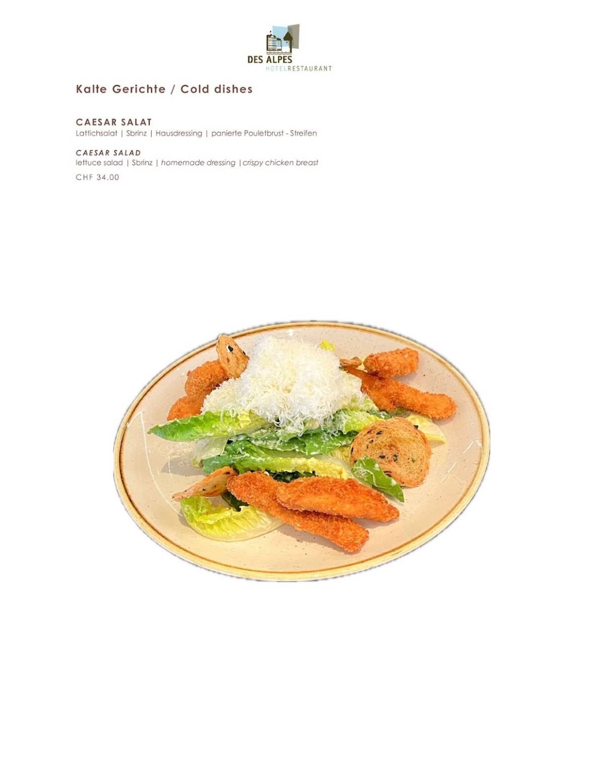 Menu di Restaurant Des Alpes 