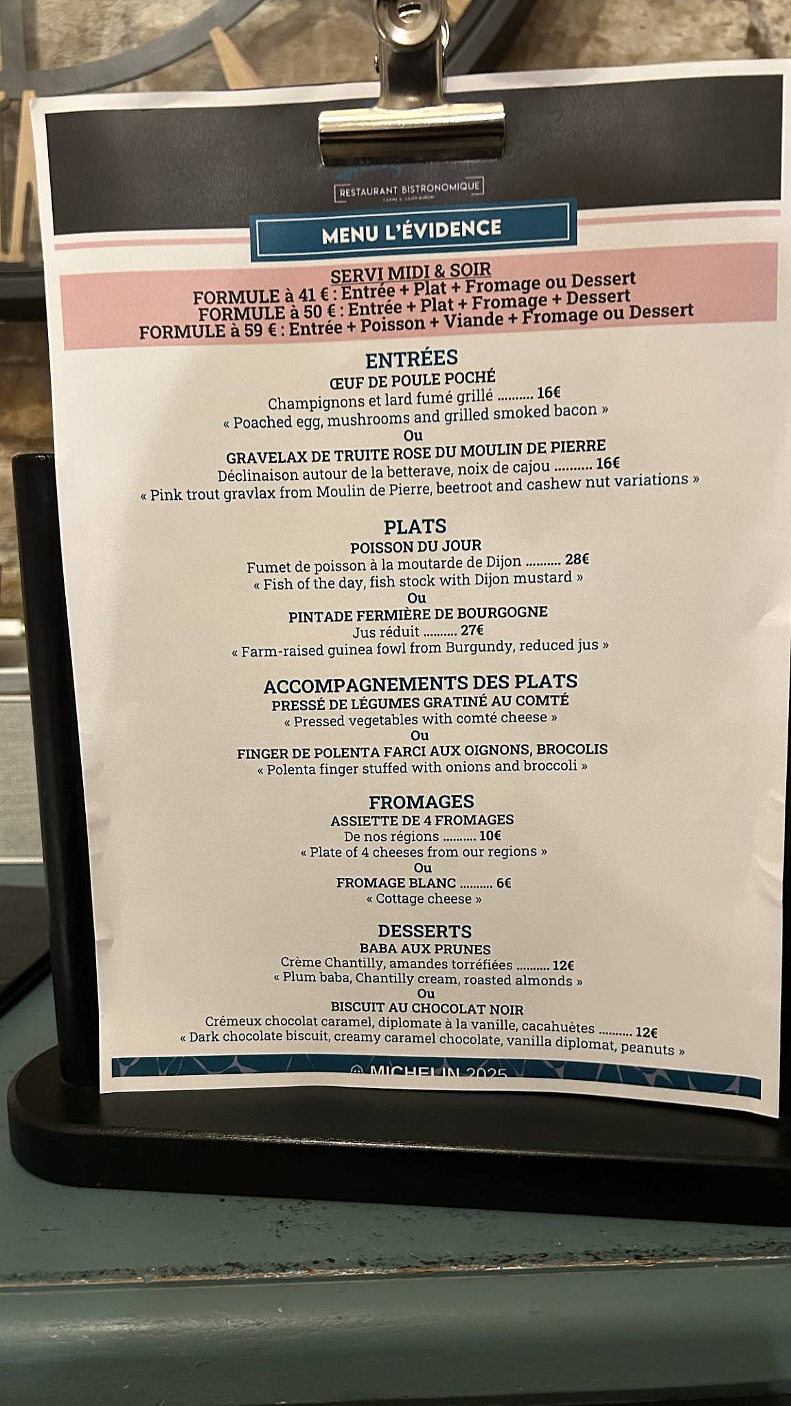 Menu de Restaurant Dijon L'évidence
