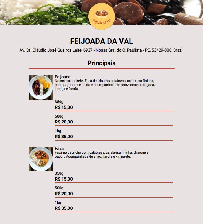 Feijoada da Val cardápio