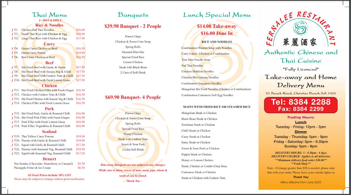Menu at Fernalee restaurant, Christies Beach