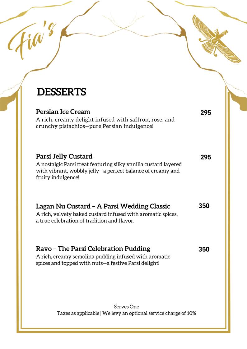 Fia’s Lounge - Authentic Parsi Cuisine - Bangalore menu