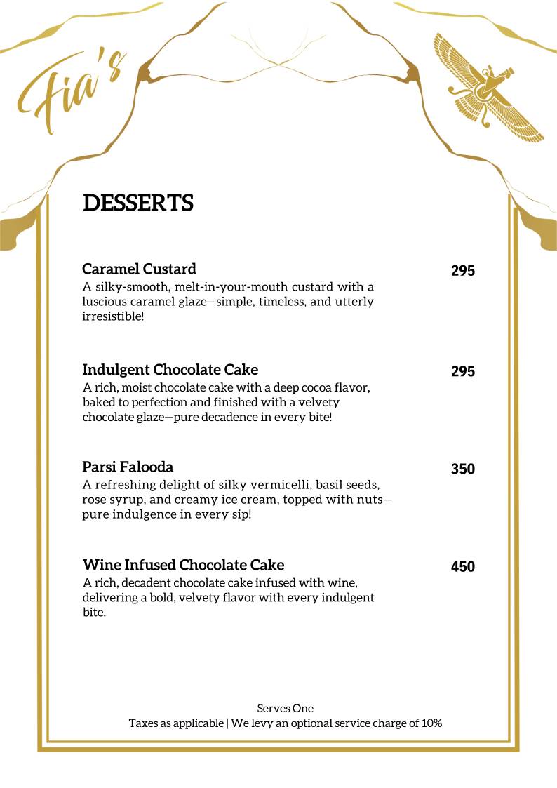 Fia’s Lounge - Authentic Parsi Cuisine - Bangalore menu